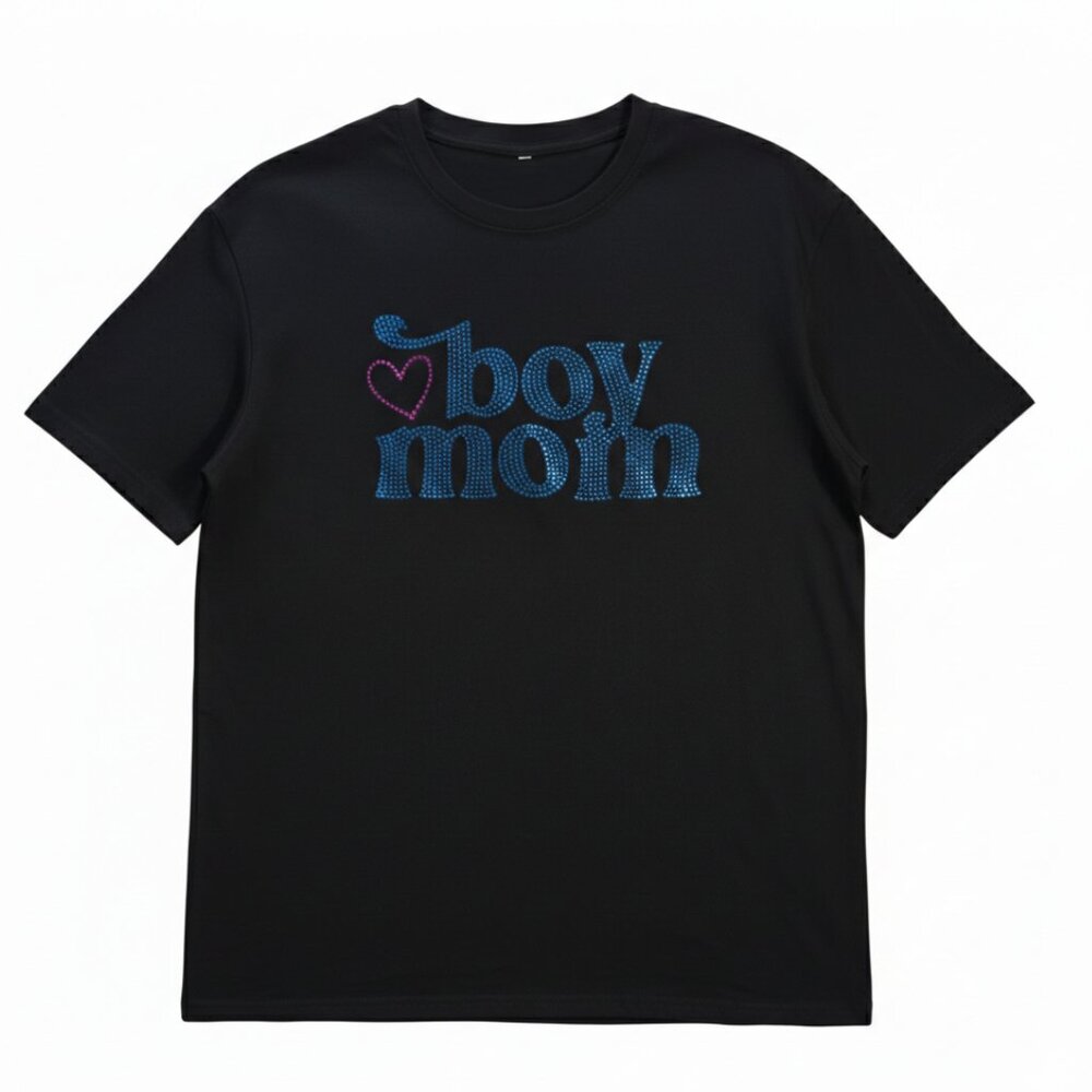 "Boy Mom" Rhinestone Graphic Tee | Teal & Magenta Sparkle | Onyx Black | Small